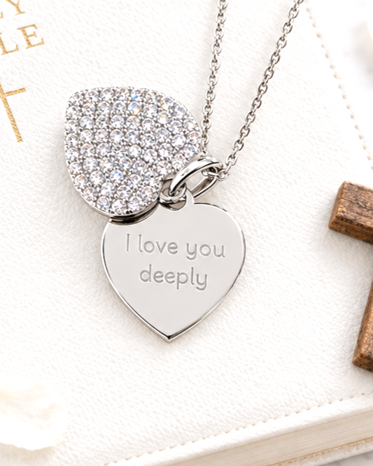 ANGELIQUE "I Love You Deeply" Pavé CZ Double Heart Pendant Necklace