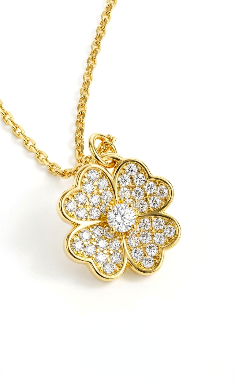 KARI Heart-Shaped Four-Leaf Clover CZ Diamond Pendant Necklace in 14K GP