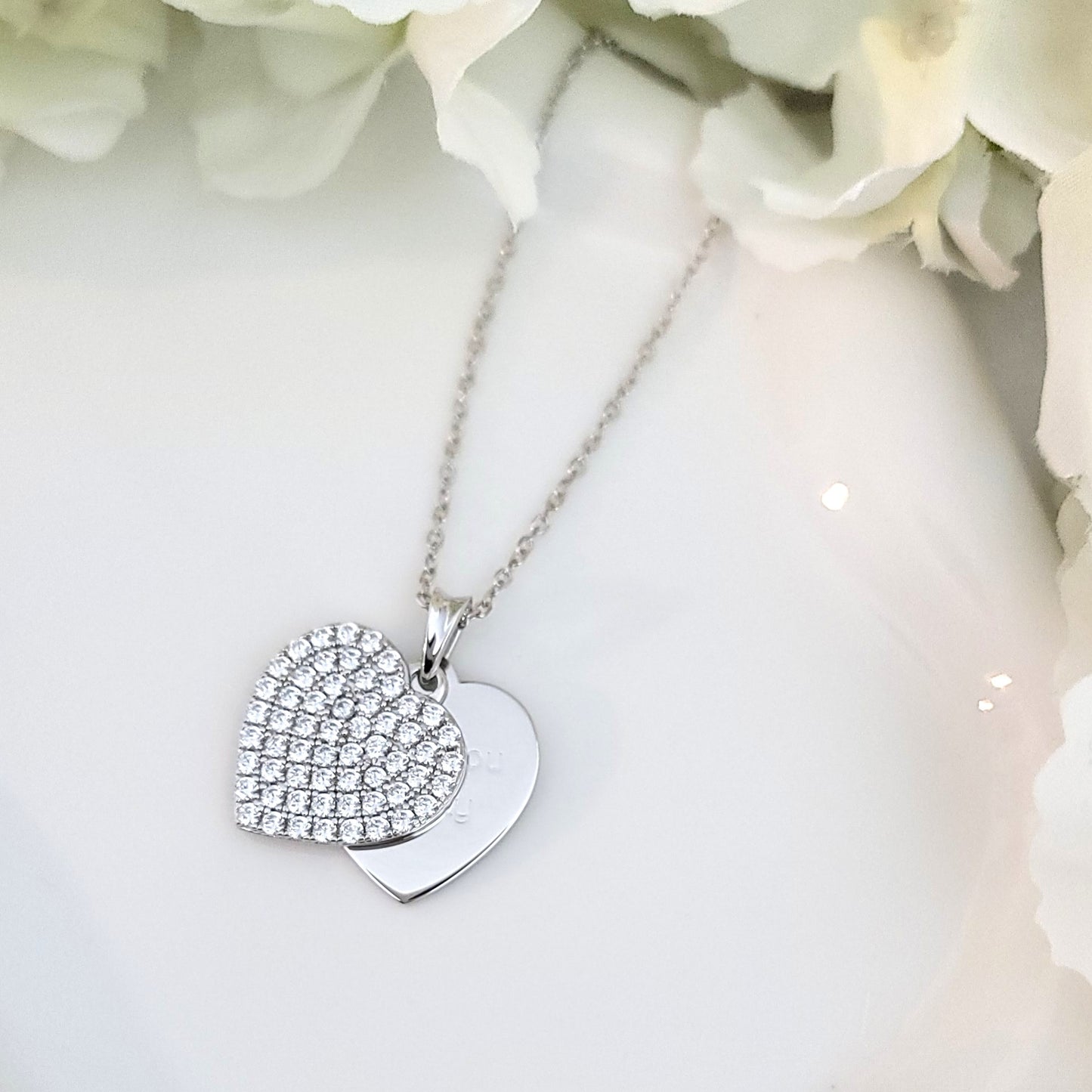 ANGELIQUE "I Love You Deeply" Pave White CZ Diamond Simulant Double Heart Pendant Necklace