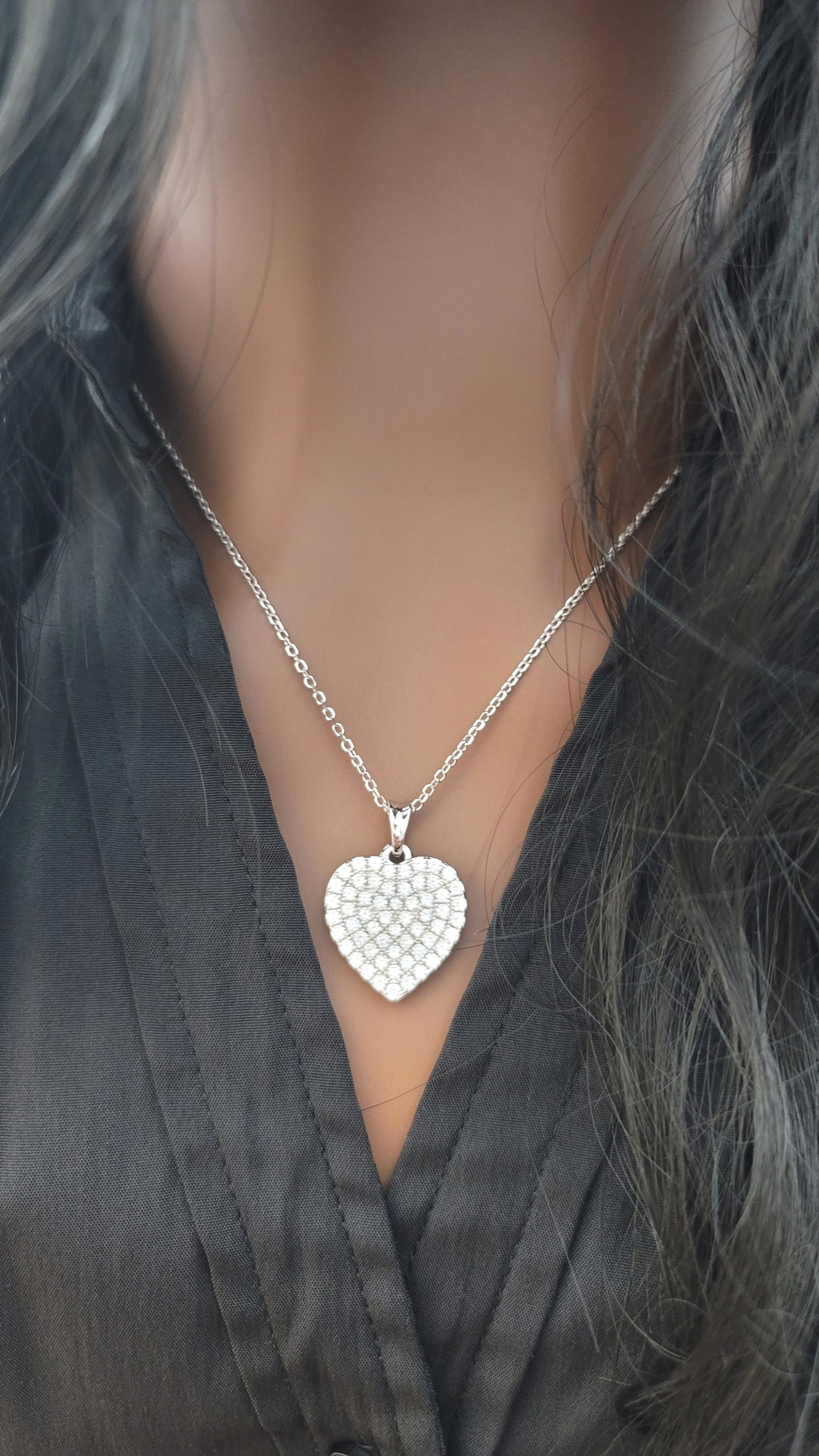 ANGELIQUE "I Am With You Always" Pave White CZ Diamond Simulant Double Heart Pendant Necklace