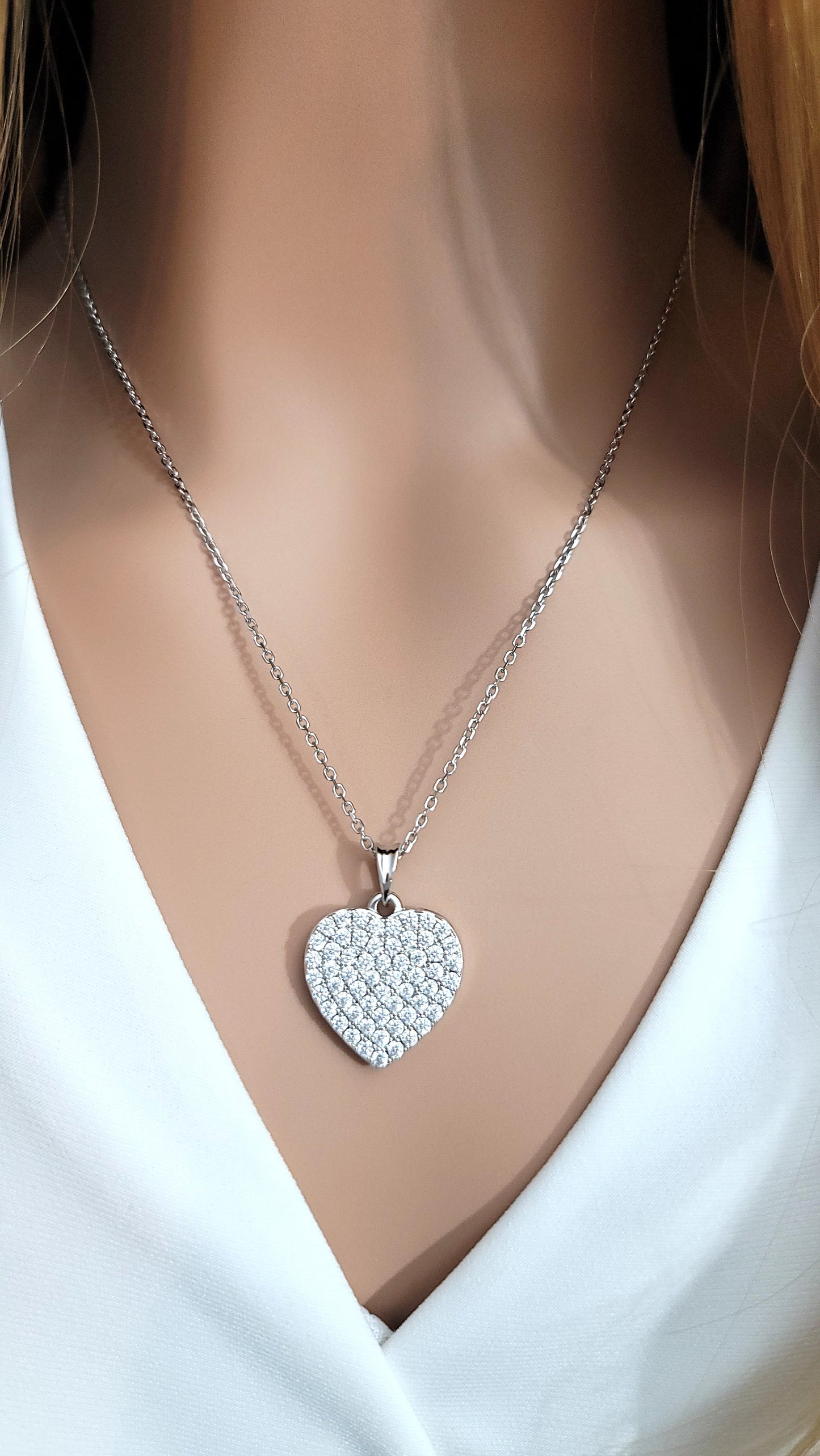 ANGELIQUE "I Am With You Always" Pave White CZ Diamond Simulant Double Heart Pendant Necklace