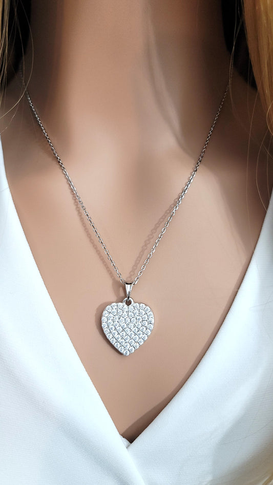 ANGELIQUE "I Am With You Always" Pave White CZ Diamond Simulant Double Heart Pendant Necklace
