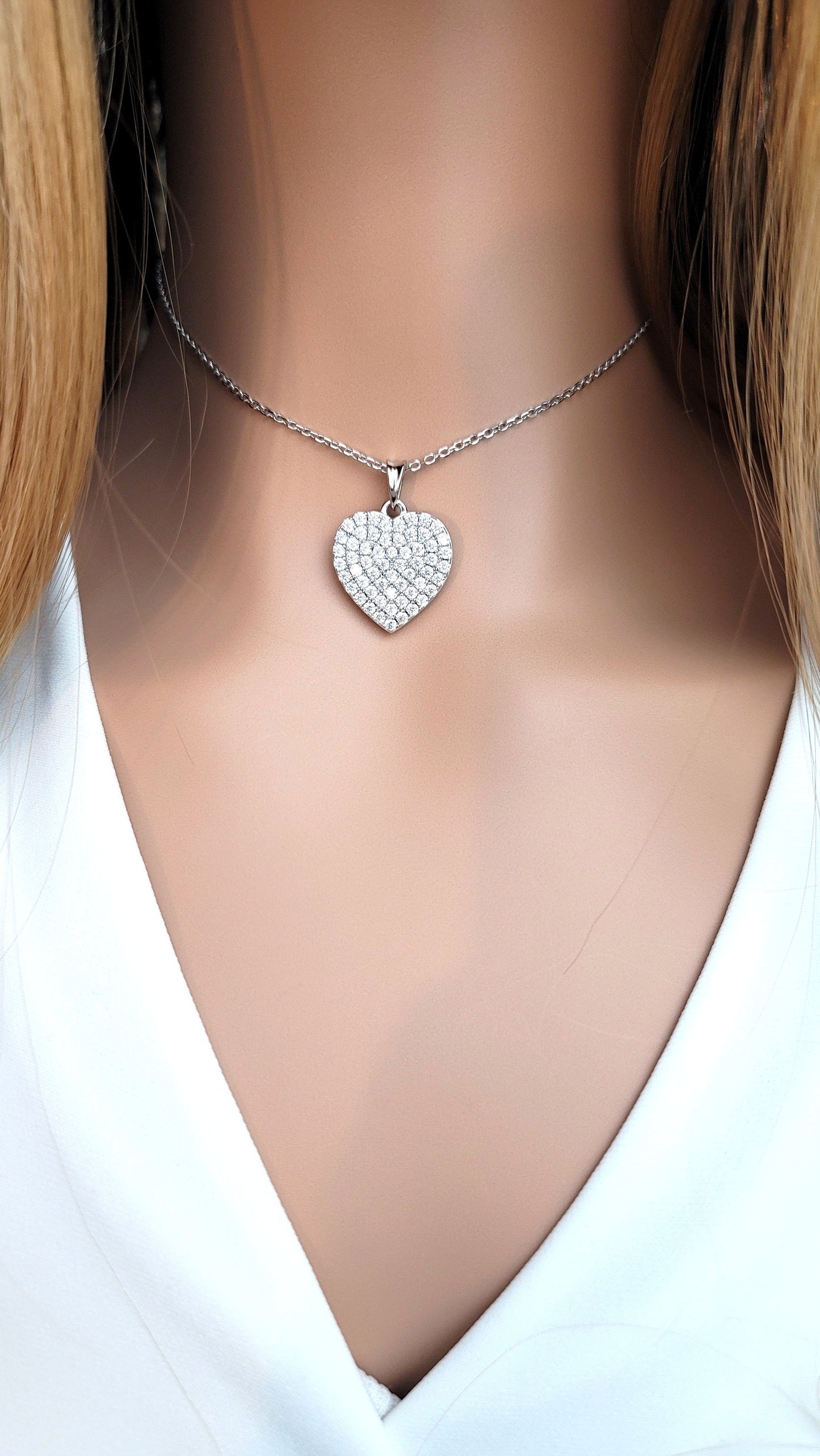 ANGELIQUE "I Love You Deeply" Pave White CZ Diamond Simulant Double Heart Pendant Necklace