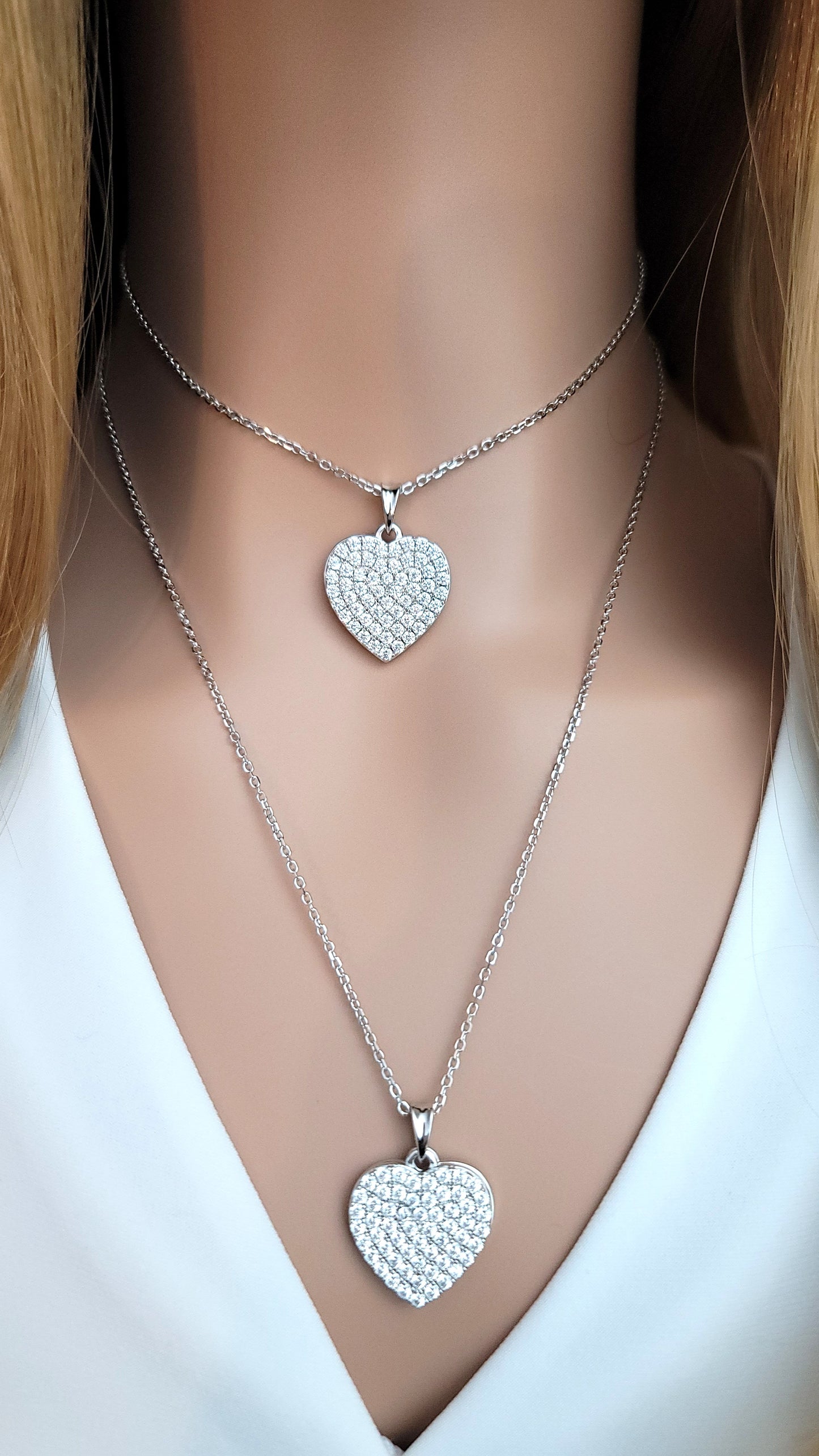 ANGELIQUE "I Am With You Always" Pave White CZ Diamond Simulant Double Heart Pendant Necklace