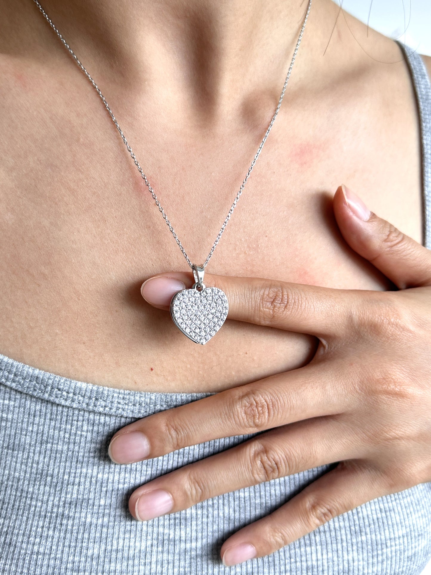 ANGELIQUE "I Am With You Always" Pave White CZ Diamond Simulant Double Heart Pendant Necklace