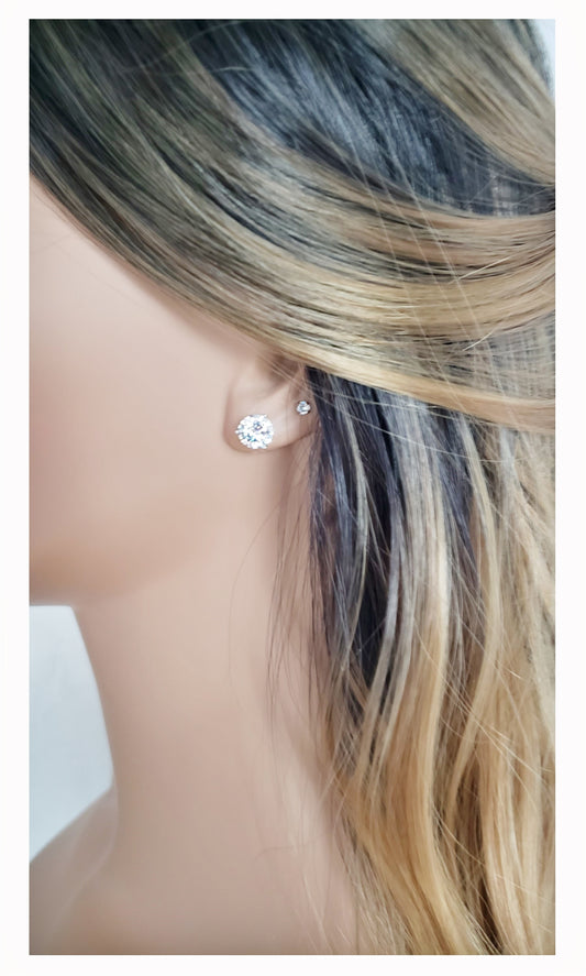 AINSLEY 8MM White CZ Diamond Simulant Round Stud Earrings in Rhodium Over Sterling Silver