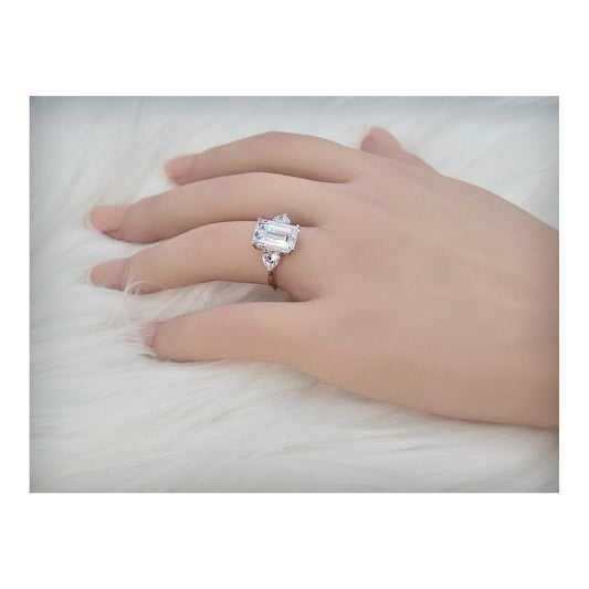 AMANDA White Emerald Cut CZ Diamond Simulant Ring in Rhodium Over Sterling Silver