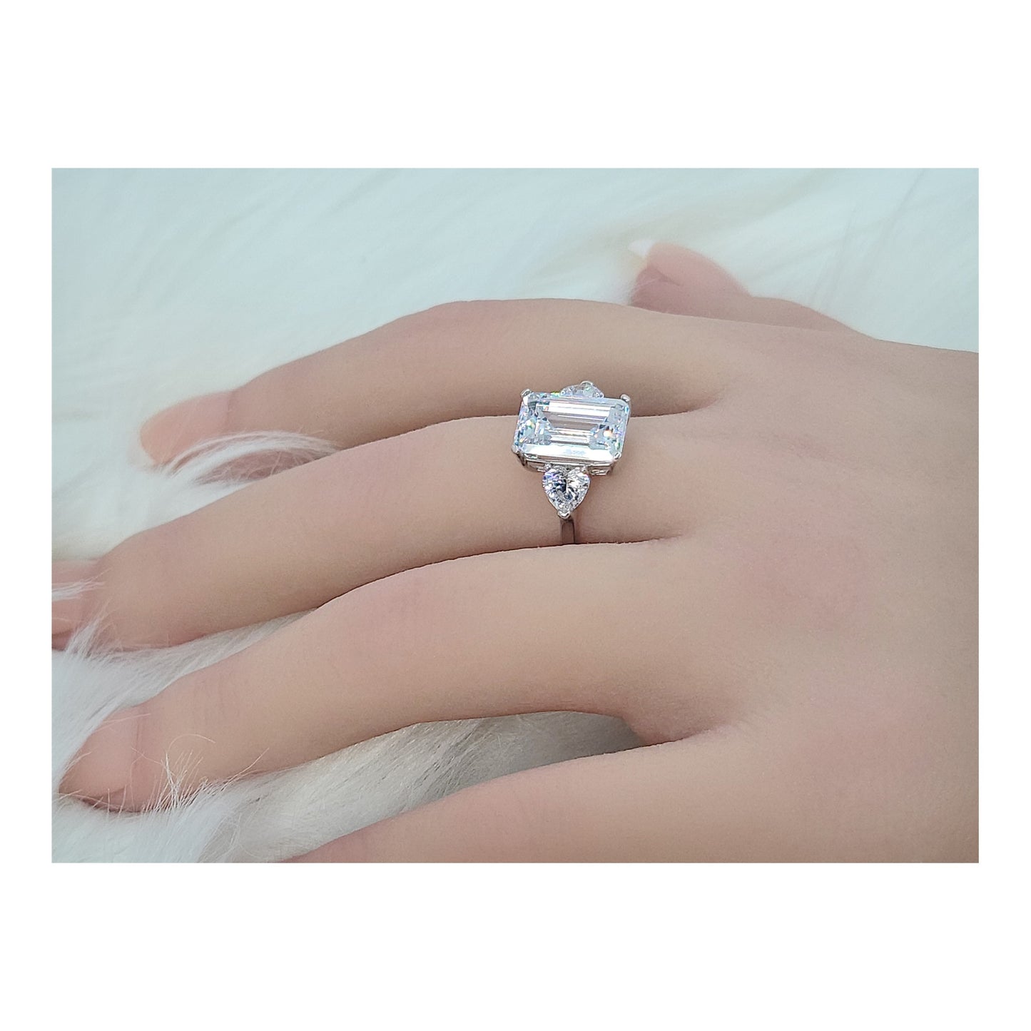 AMANDA White Emerald Cut CZ Diamond Simulant Ring in Rhodium Over Sterling Silver