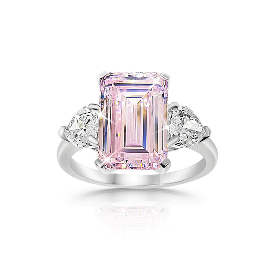 AMANDA Pink Emerald Cut White CZ Diamond Simulant Ring in Rhodium Over Sterling Silver