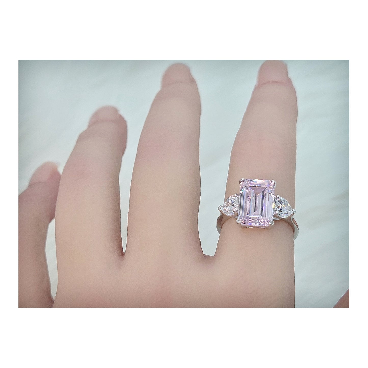 AMANDA Pink Emerald Cut White CZ Diamond Simulant Ring in Rhodium Over Sterling Silver