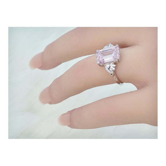 AMANDA Pink Emerald Cut White CZ Diamond Simulant Ring in Rhodium Over Sterling Silver