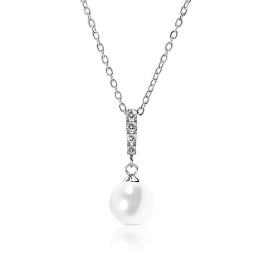 ANNETTE White Crystal Diamond Simulant Pearl Pendant Necklace 18K White Gold Over Sterling Silver