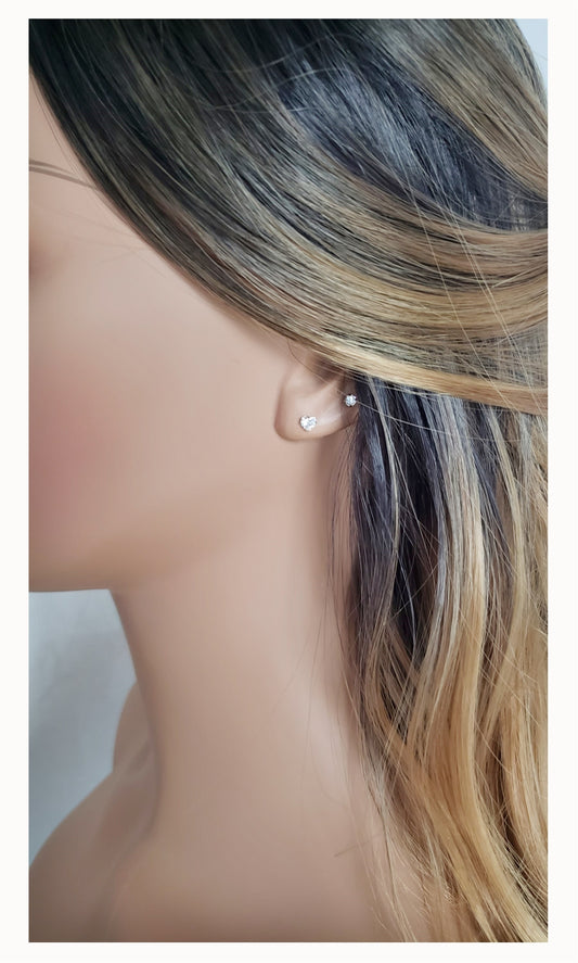 ANYA 4MM White CZ Diamond Simulant Heart Stud Earrings in Rhodium Over Sterling Silver