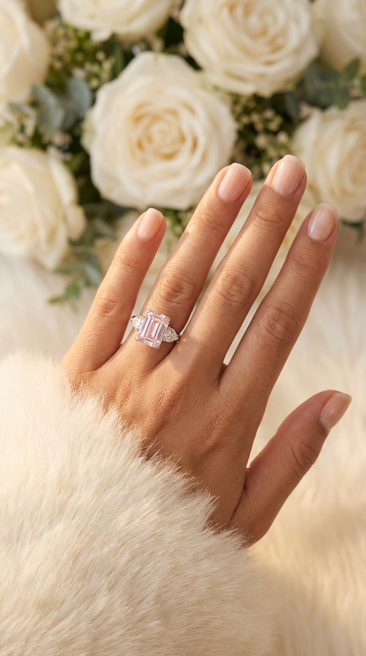 AMANDA Pink Emerald Cut White CZ Diamond Ring in Rhodium Over Sterling Silver