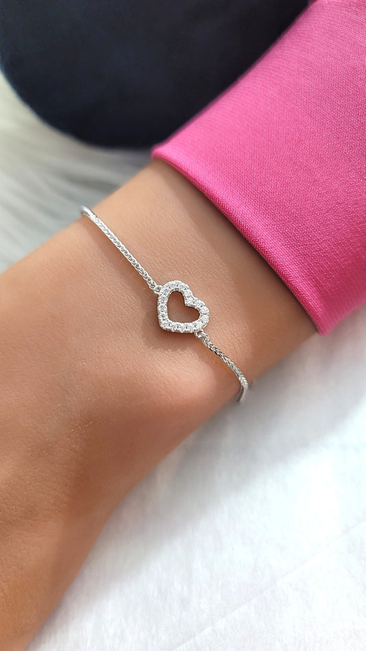AMY Open Pave Heart Bracelet in Rhodium Over Sterling Silver