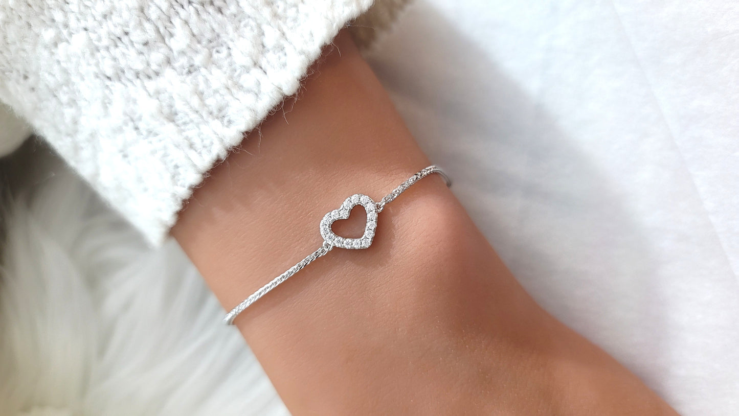 AMY Open Pave Heart Bracelet in Rhodium Over Sterling Silver