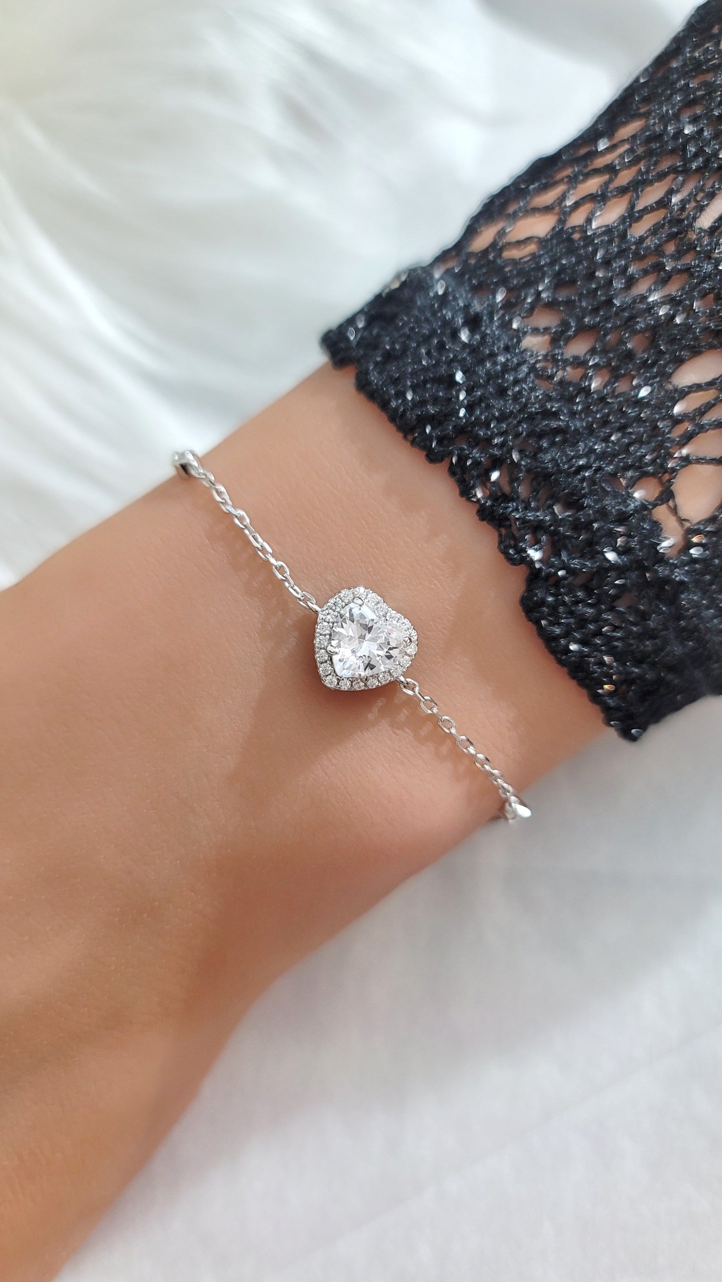 ANGIE Halo Heart Bracelet in Rhodium Over Sterling Silver