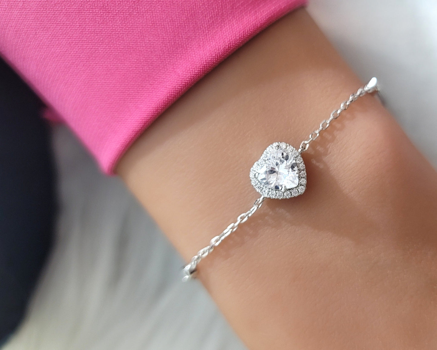 ANGIE Halo Heart Bracelet in Rhodium Over Sterling Silver