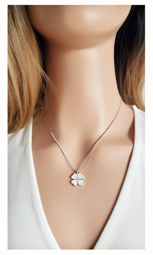 BEATRICE Opal Heart Four-Leaf Clover Pendant Necklace in Rhodium Over Sterling Silver