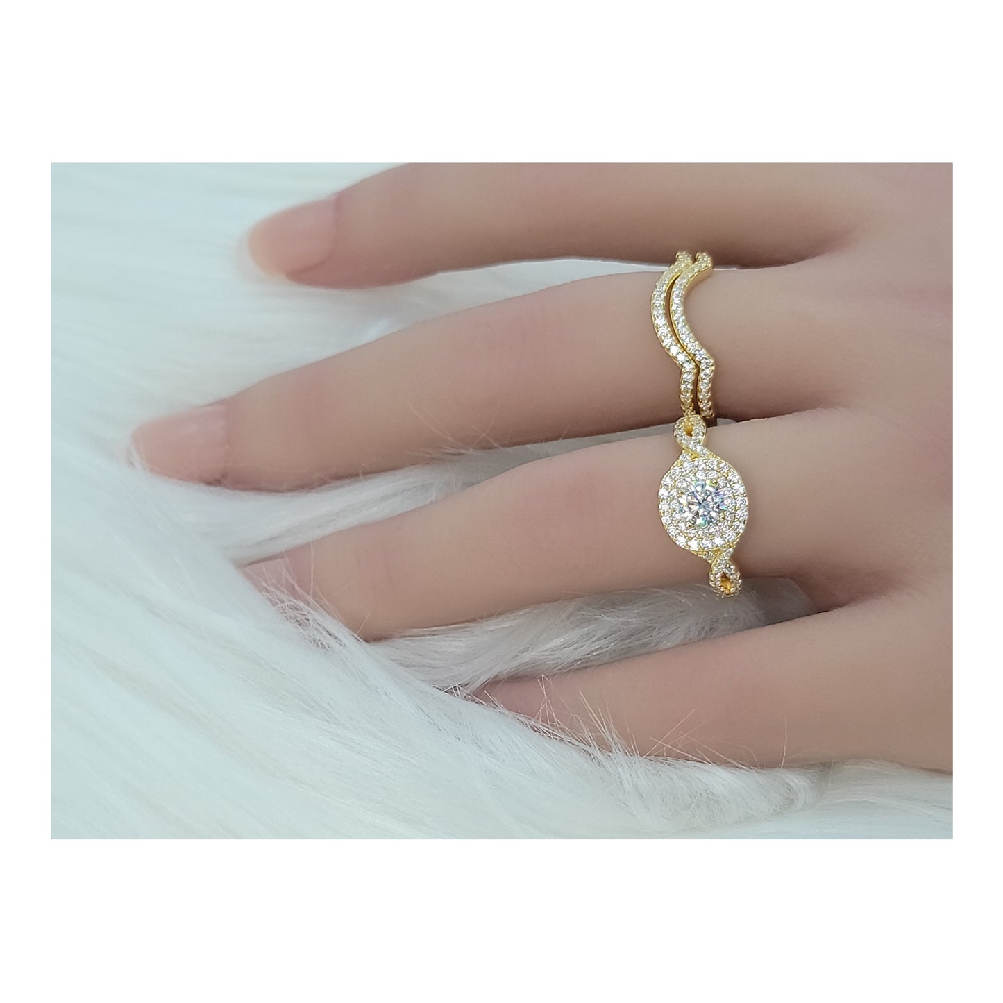 BETTY White CZ Diamond Simulant Halo Round Bridal Ring Set in 14K Gold Over Sterling Silver