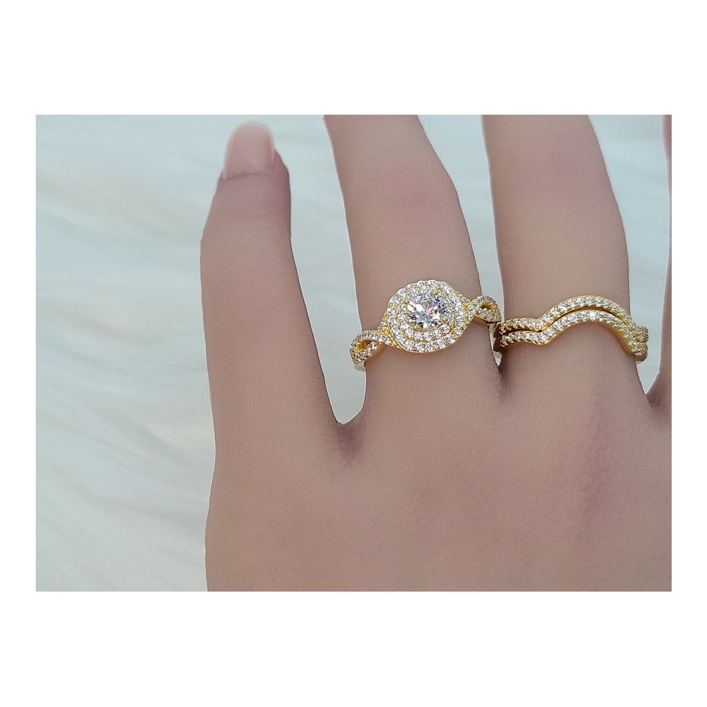 BETTY White CZ Diamond Simulant Halo Round Bridal Ring Set in 14K Gold Over Sterling Silver