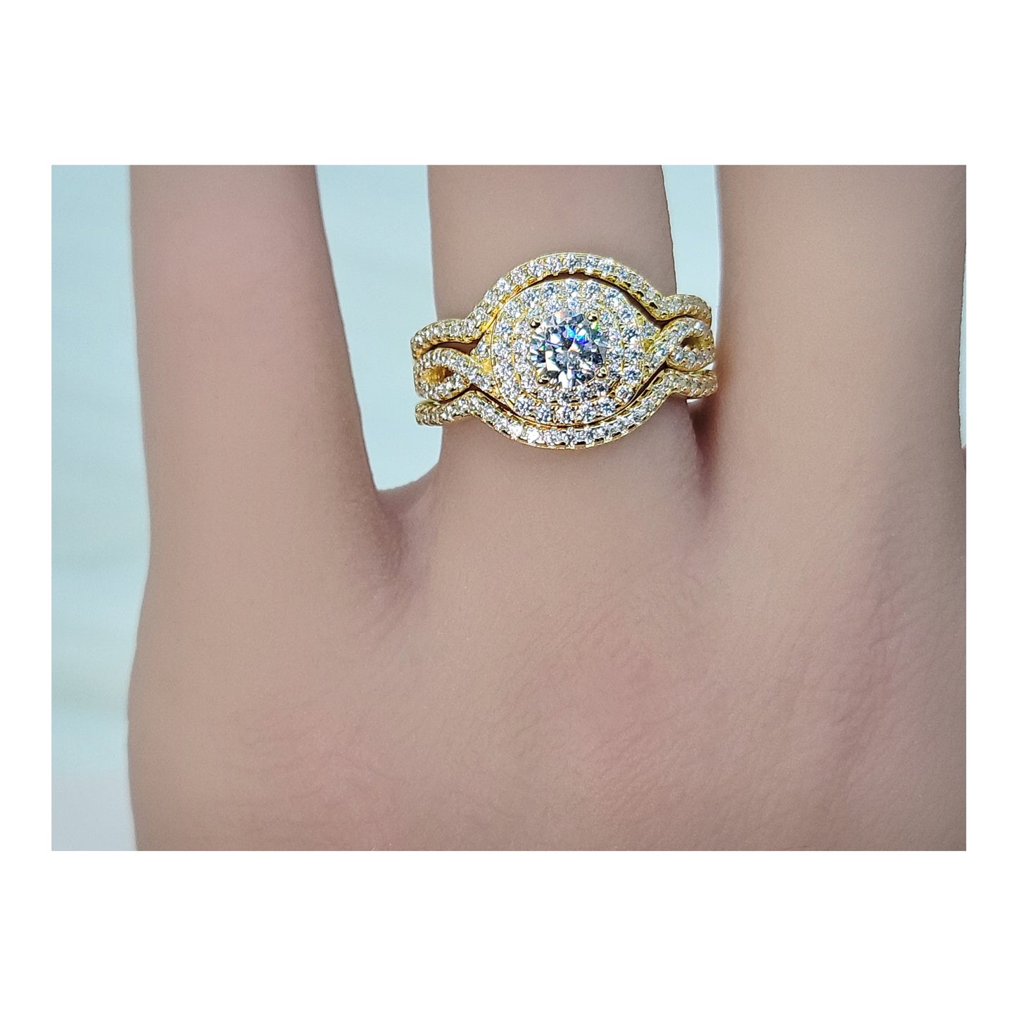 BETTY White CZ Diamond Simulant Halo Round Bridal Ring Set in 14K Gold Over Sterling Silver