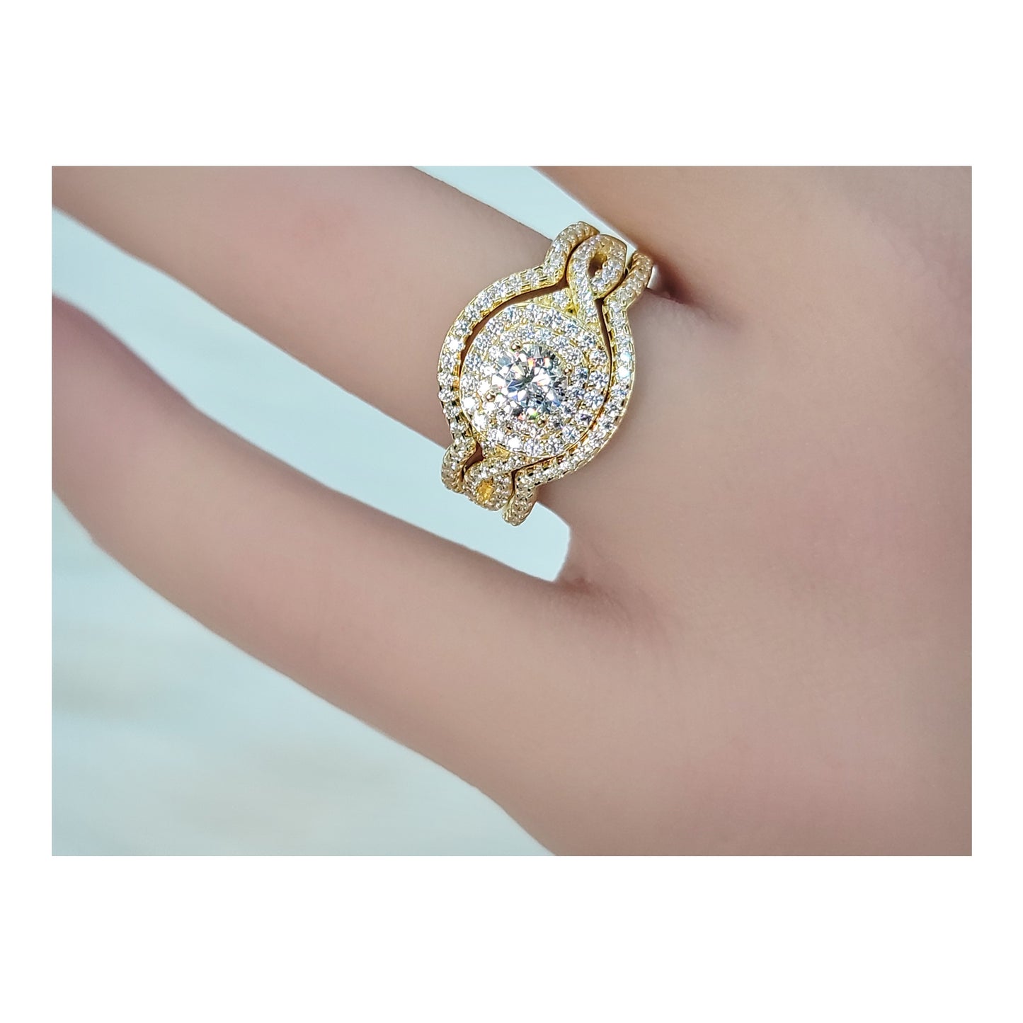BETTY White CZ Diamond Simulant Halo Round Bridal Ring Set in 14K Gold Over Sterling Silver