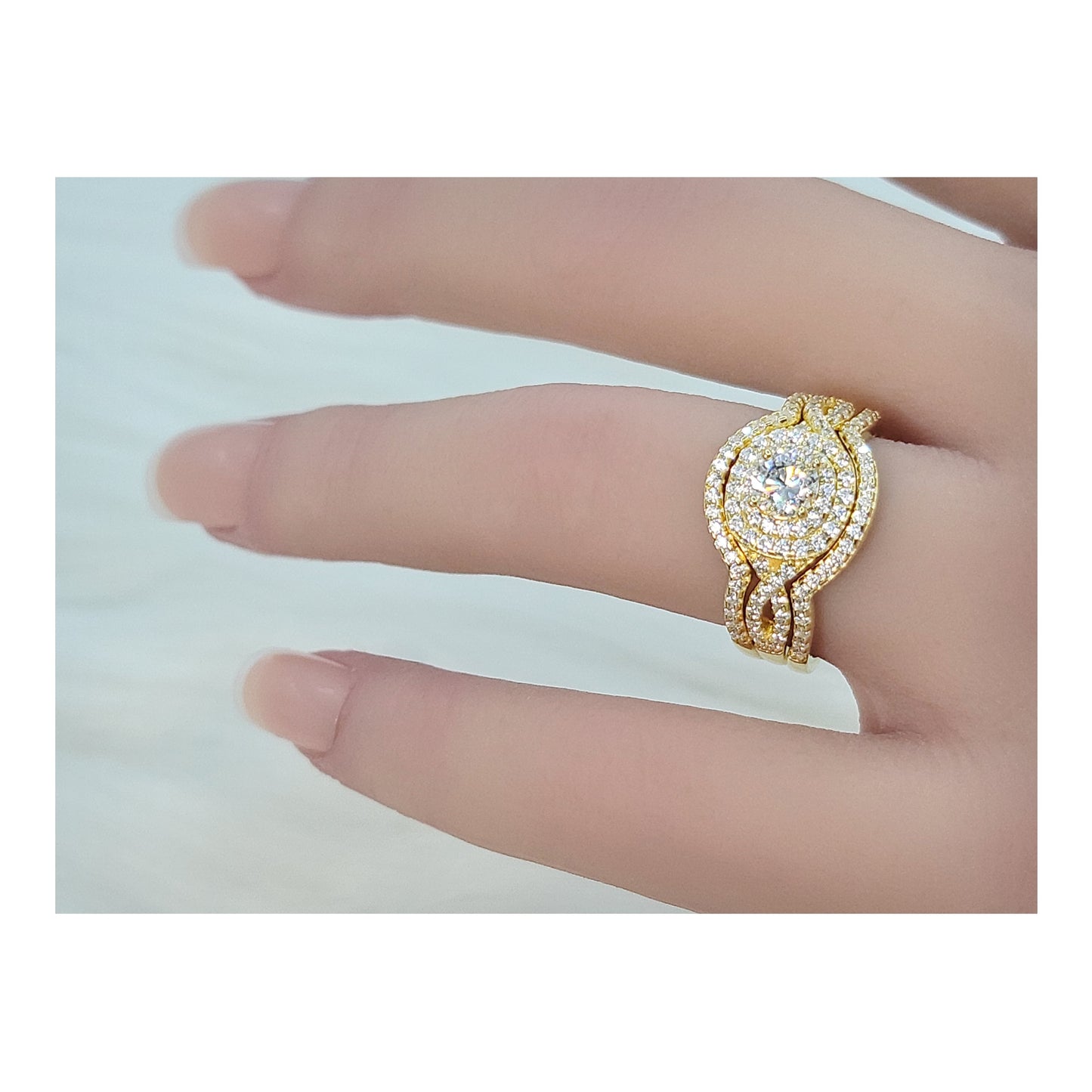 BETTY White CZ Diamond Simulant Halo Round Bridal Ring Set in 14K Gold Over Sterling Silver