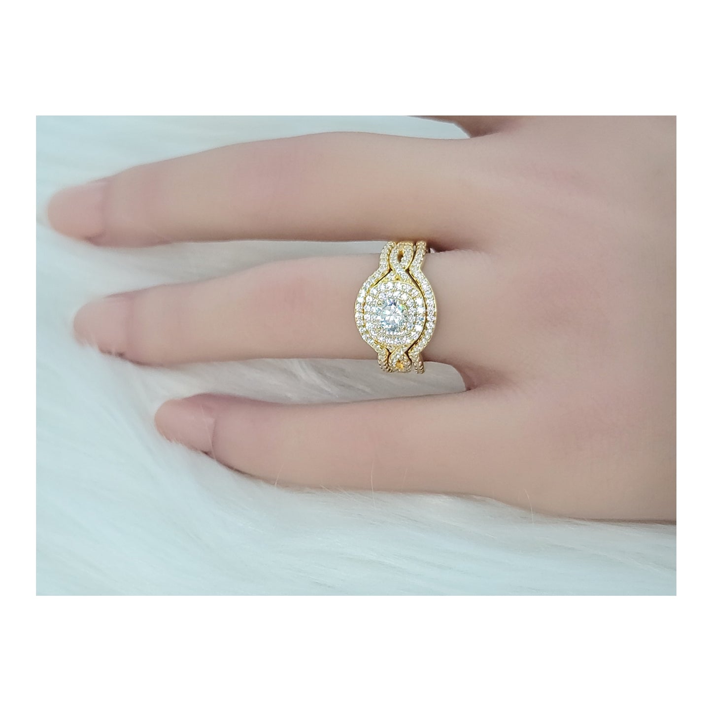 BETTY White CZ Diamond Simulant Halo Round Bridal Ring Set in 14K Gold Over Sterling Silver
