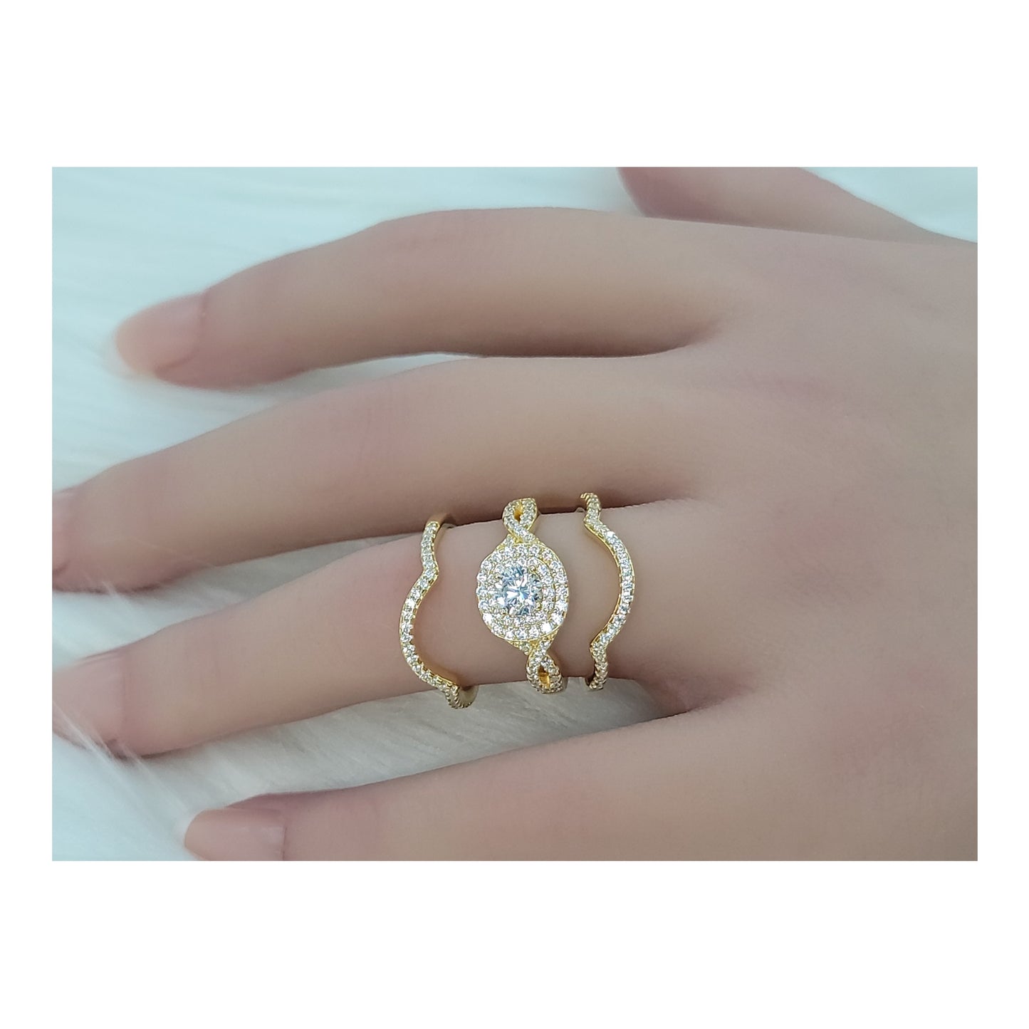 BETTY White CZ Diamond Simulant Halo Round Bridal Ring Set in 14K Gold Over Sterling Silver