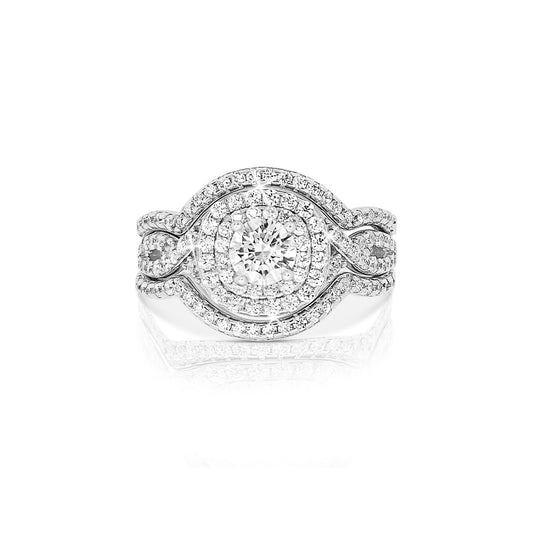BETTY White CZ Diamond Simulant Halo Round Bridal Ring Set in Rhodium Over Sterling Silver