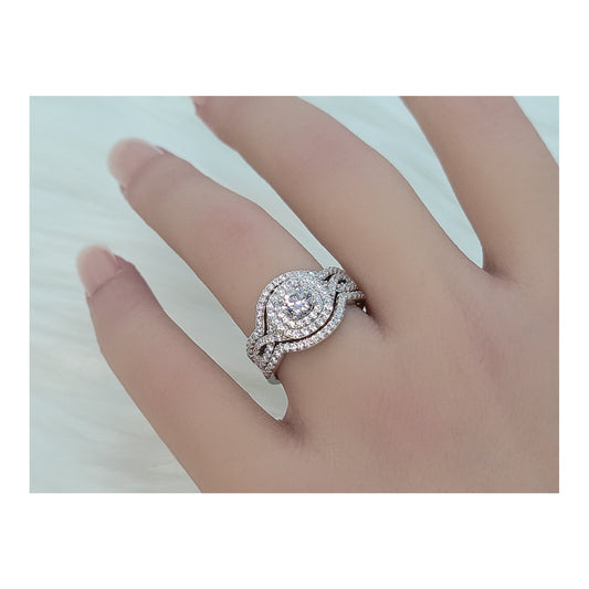 BETTY White CZ Diamond Simulant Halo Round Bridal Ring Set in Rhodium Over Sterling Silver