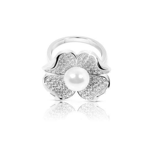 LILY Pearl And White CZ Diamond Simulant Flower Ring in Rhodium Over Sterling Silver