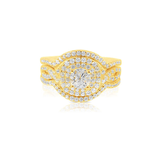 BETTY White CZ Diamond Simulant Halo Round Bridal Ring Set in 14K Gold Over Sterling Silver