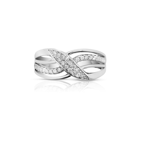 BIANCA Micro Pavé White CZ Diamond Simulant Crisscross Ring in Rhodium Over Sterling Silver