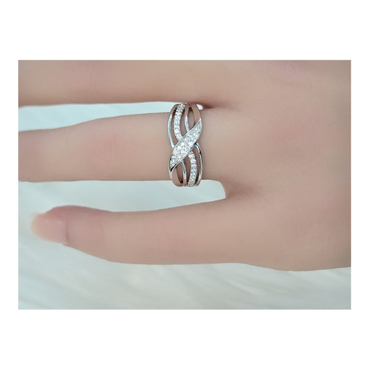 BIANCA Micro Pavé White CZ Diamond Simulant Crisscross Ring in Rhodium Over Sterling Silver