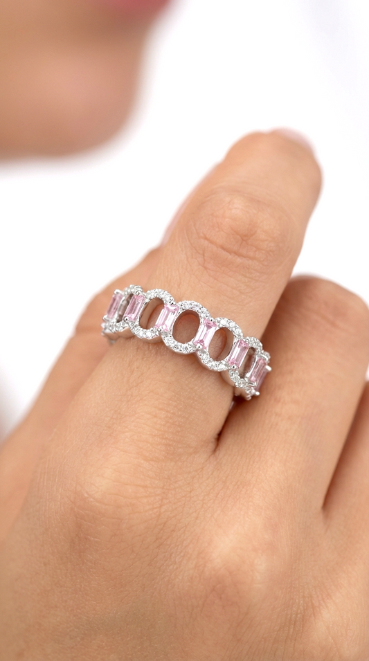 BELLA Pink and White CZ Diamonds Ring in Rhodium Over Sterling Silver