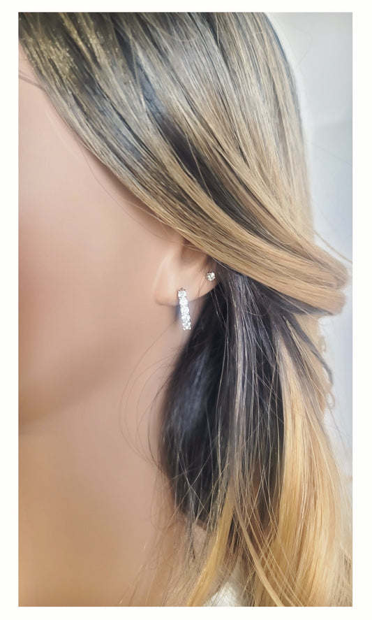 CAROLYNE 16MM White CZ Diamond Simulant Huggie Hoop Earrings in Rhodium Over Sterling Silver