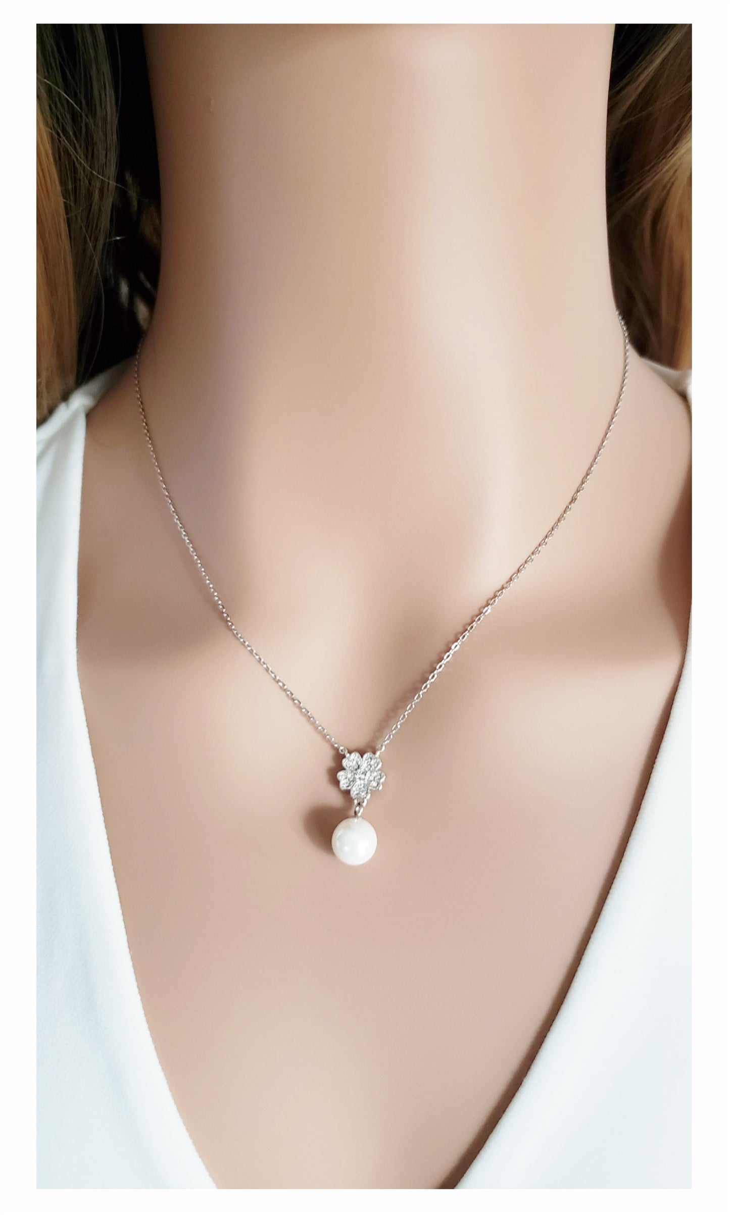 CHARLENE Austrian Crystal Pearl Necklace Pendant 18K White Gold Plated
