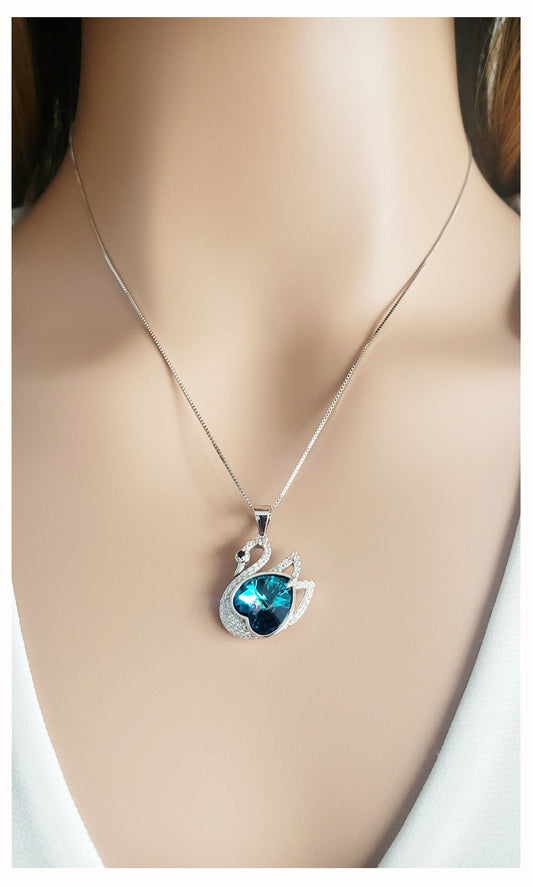 CHRISTINE Austrian Crystal Swan Pendant Necklace in Rhodium Over Sterling Silver