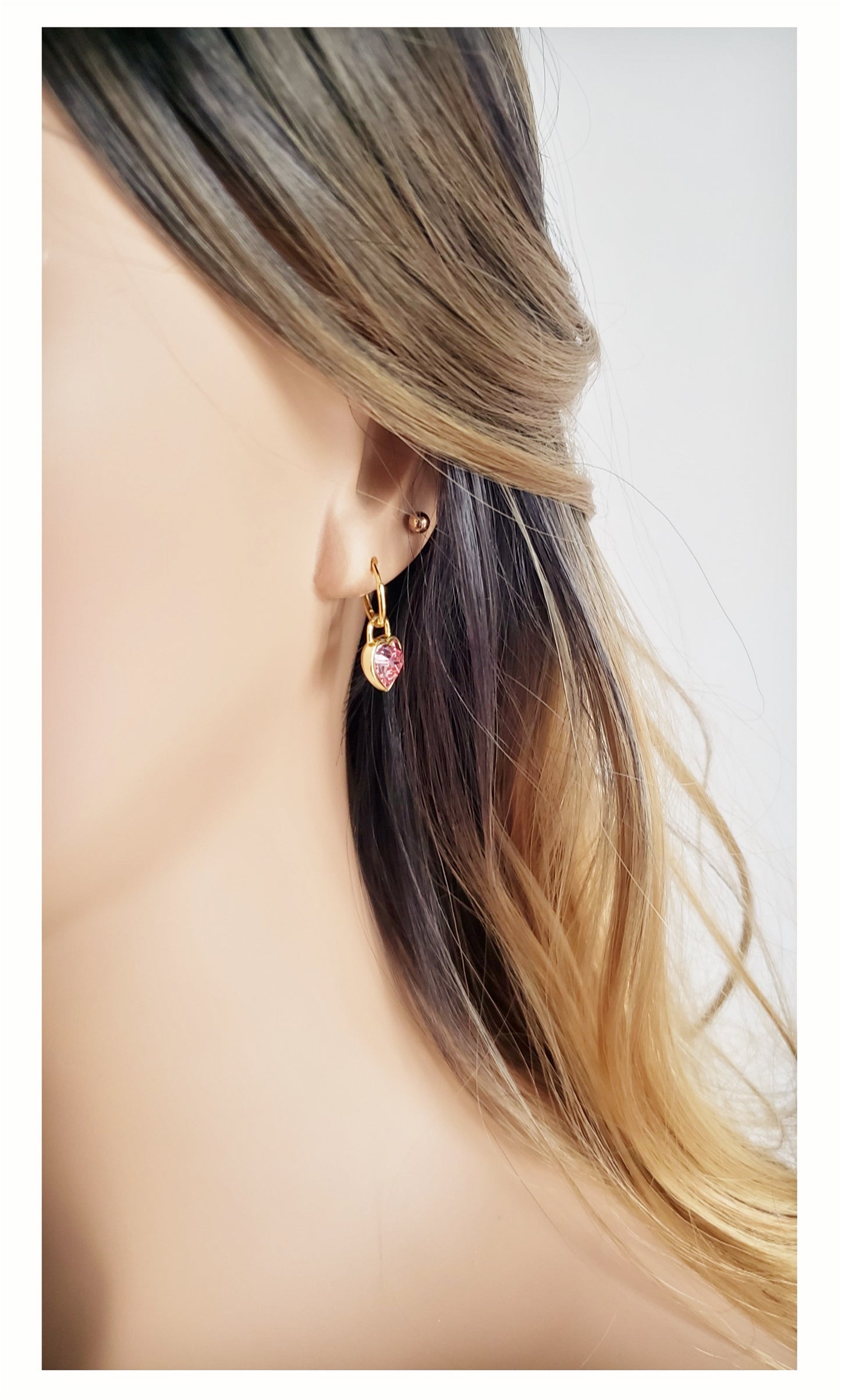 CLARA Pink Austrian Crystal Heart Detachable Drop Earrings 14K Gold Over Sterling Silver