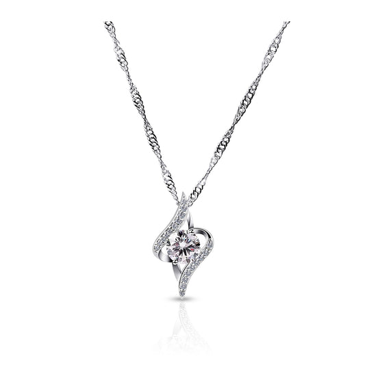 DANA Round Solitaire CZ Diamond Simulant Pendant Necklace in Rhodium Over Sterling Silver
