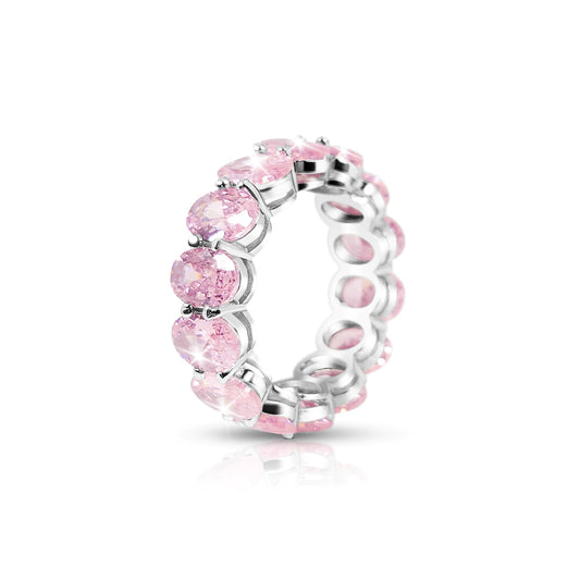 DANAMARIE Pink Oval Cut Eternity Ring in Rhodium Over Sterling Silver