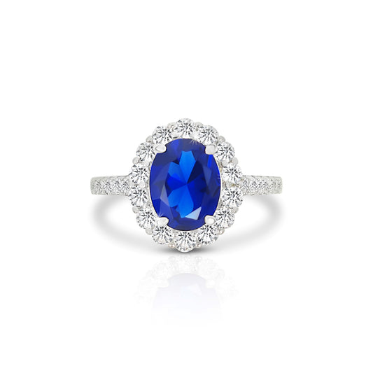 DIANA Oval Blue Sapphire Halo Ring in Rhodium Over Sterling Silver