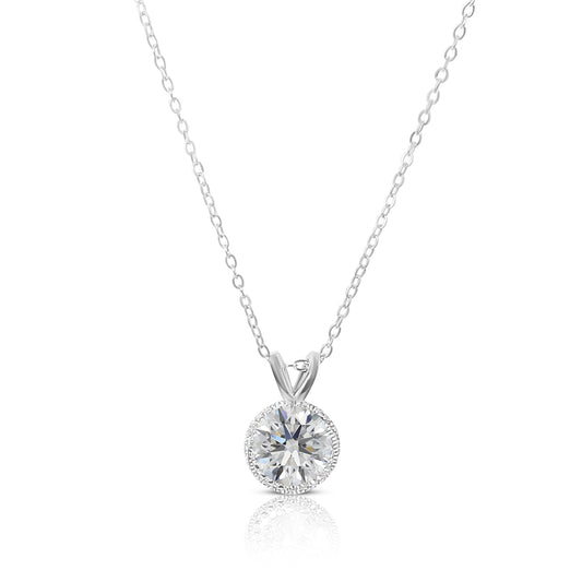 DIANE White CZ Diamond Simulant Round Halo Solitaire Pendant Necklace in Rhodium Over Sterling Silver