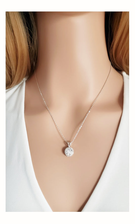 DIANE White CZ Diamond Simulant Round Halo Solitaire Pendant Necklace in Rhodium Over Sterling Silver