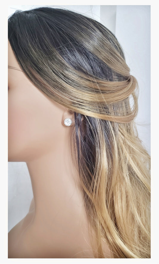 DIANE White CZ Diamond Simulant Round Halo Stud Earrings in Rhodium Over Sterling Silver