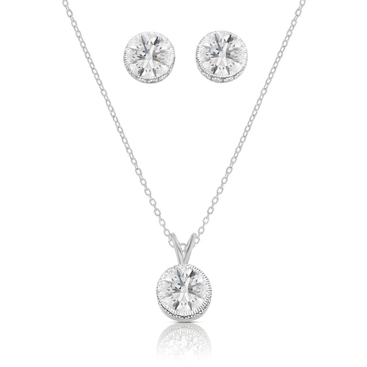DIANE White CZ Diamond Simulant Round Halo Earrings, Necklace Set  in Rhodium Over Sterling Silver
