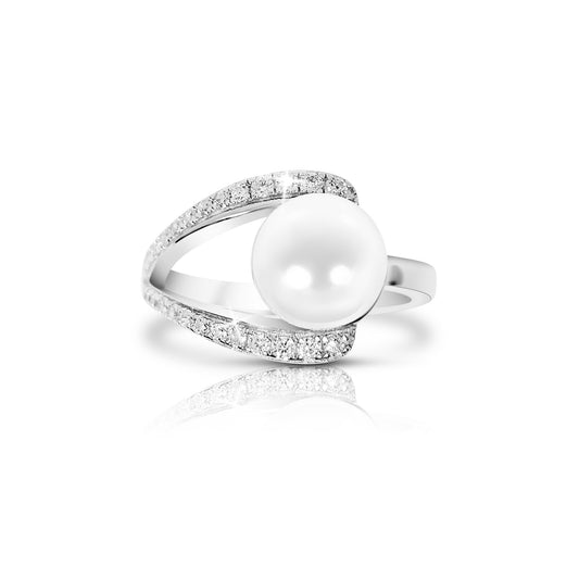 EDEN Pearl And White CZ Diamond Simulant Ring in Rhodium Over Sterling Silver