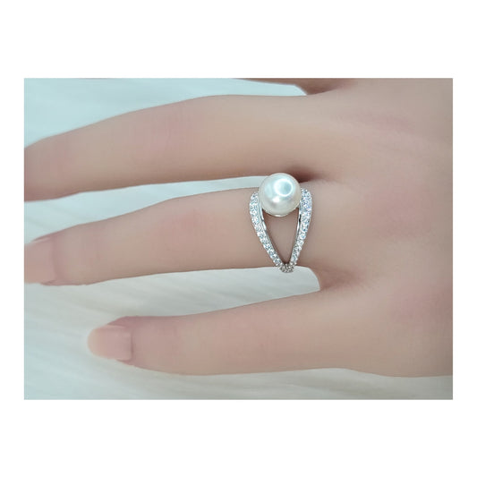 EDEN Pearl And White CZ Diamond Simulant Ring in Rhodium Over Sterling Silver
